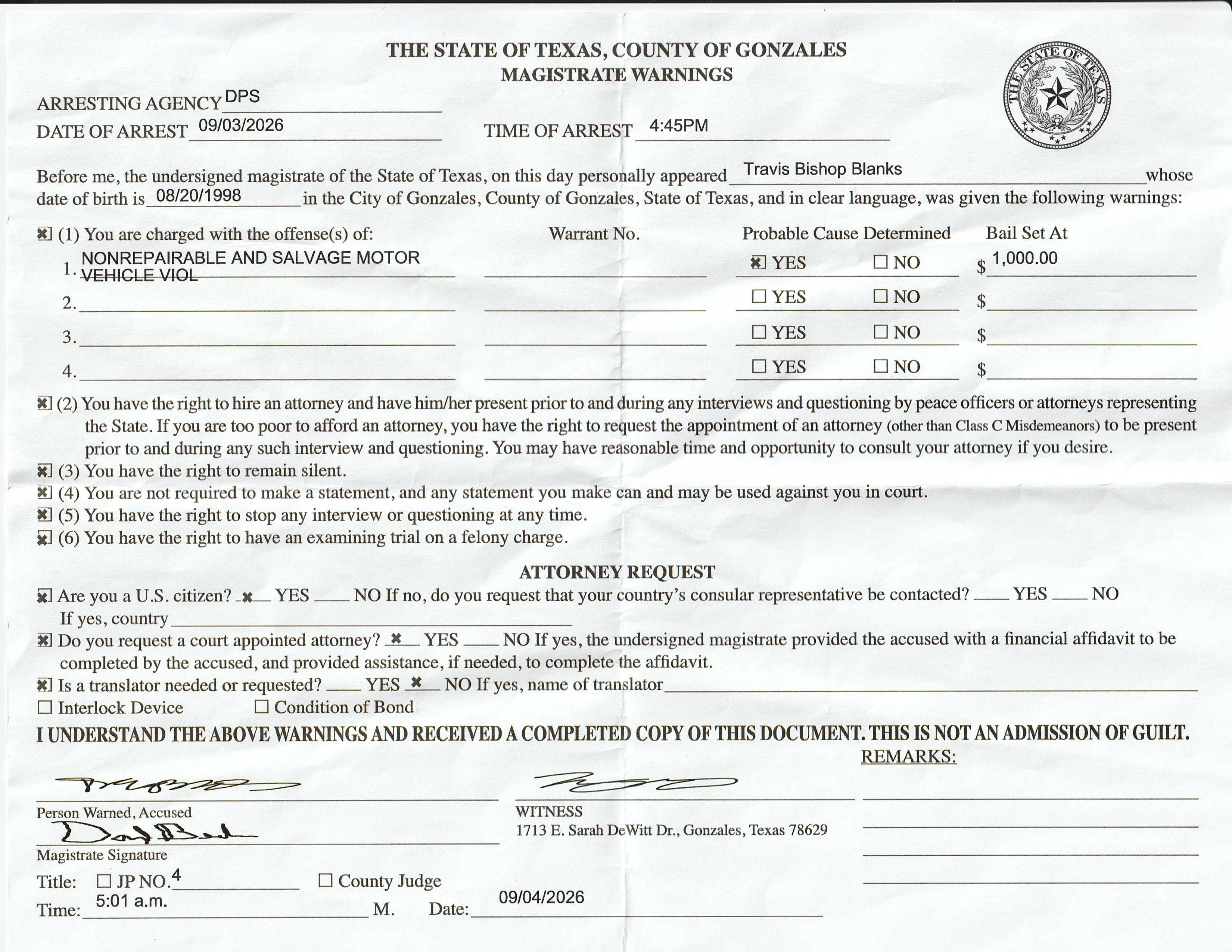 Here's a photo of my arrest information