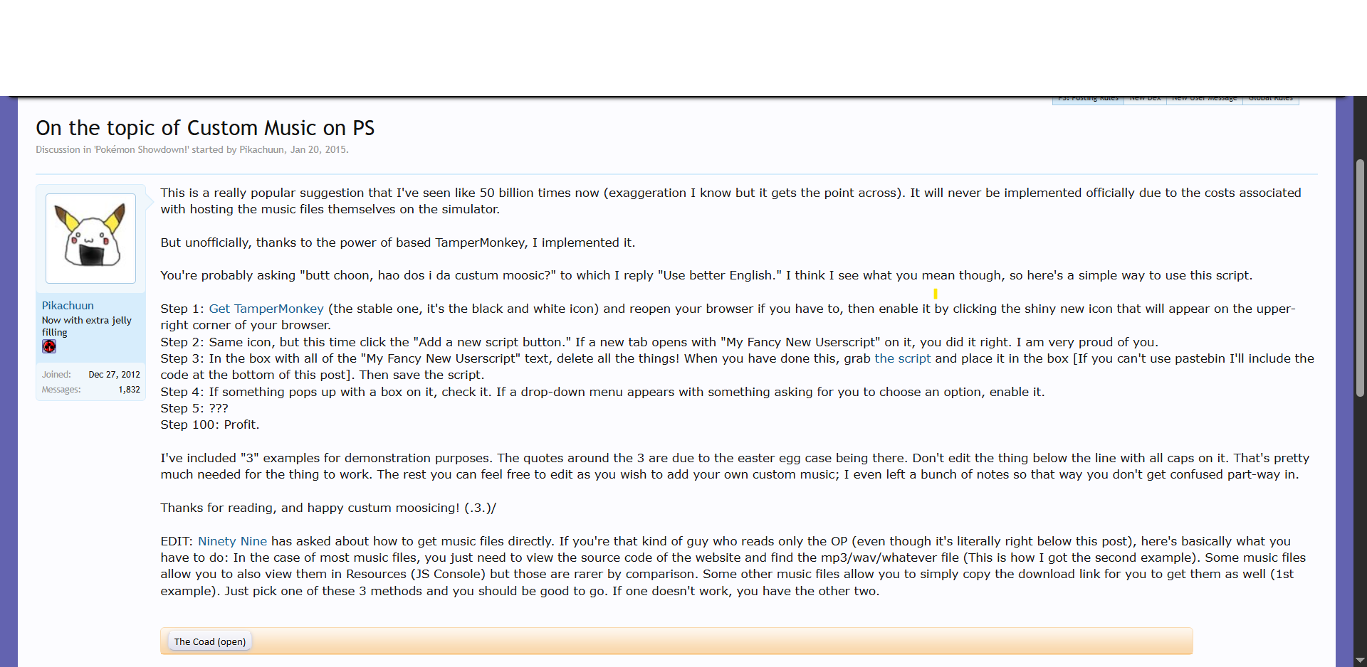 An old Smogon forum posts containing info on how to use a script to change Pokemon Showdown battle music.