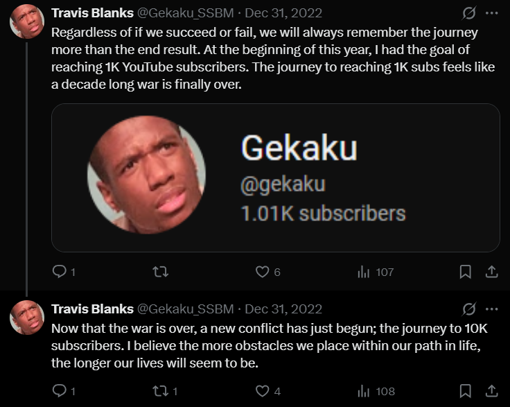 Another X/Twitter post I made on the same day talking about how my goal was now to reach 10k subscribers on YouTube now that I have reached 1k subscribers